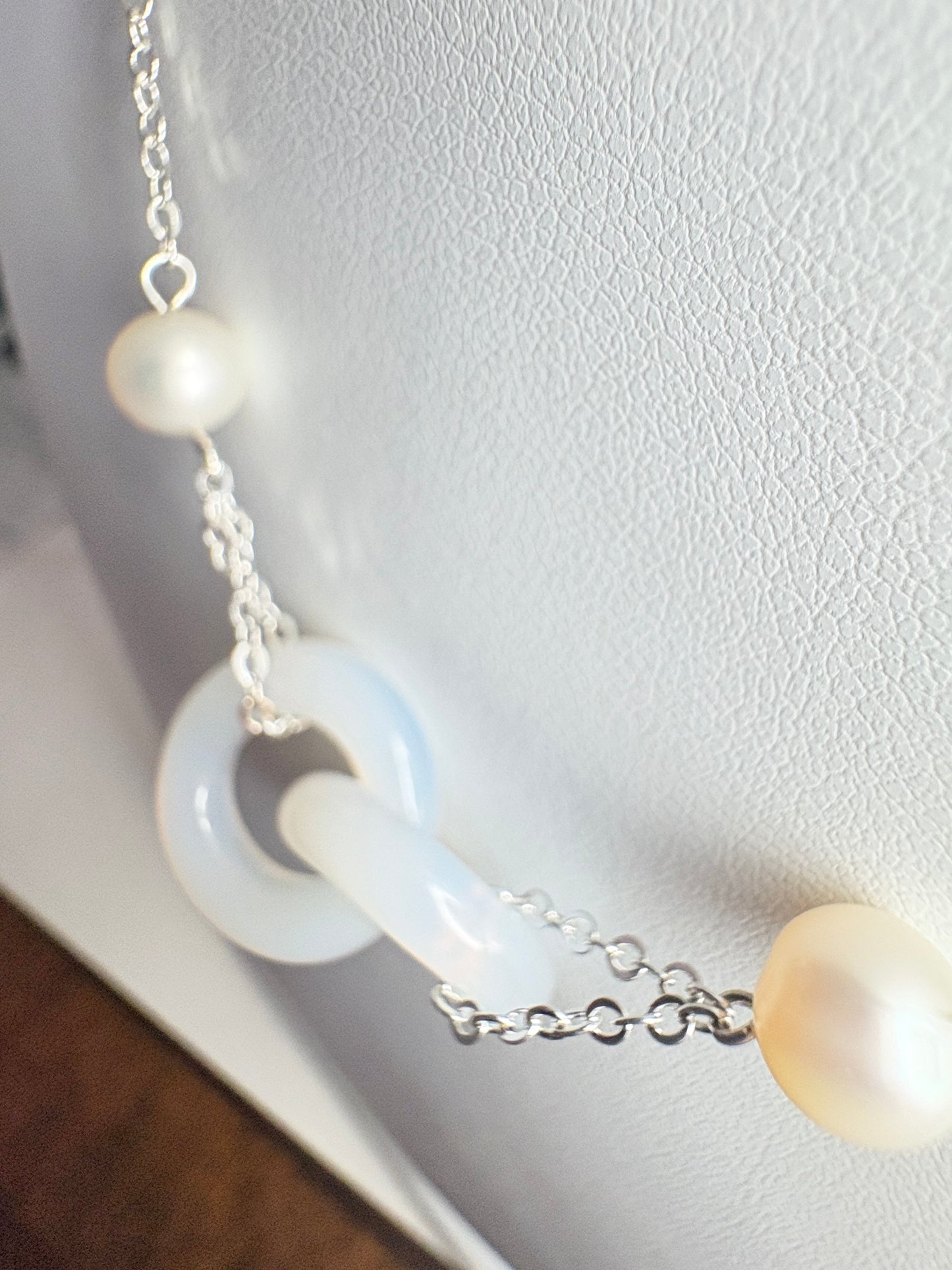 Linked Chalcedony and Cultured Freshwater Pearl Sterling Silver Necklace 19"