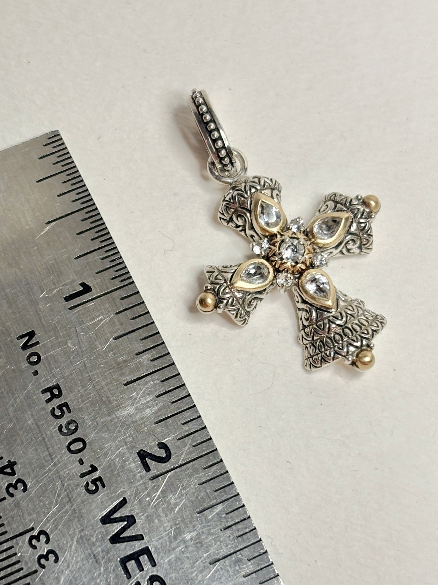 Barbara Bixby Solid 18k and Sterling Silver Cross Enhancer Pendant with White Topaz