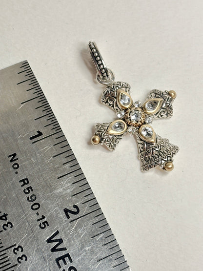 Barbara Bixby Solid 18k and Sterling Silver Cross Enhancer Pendant with White Topaz
