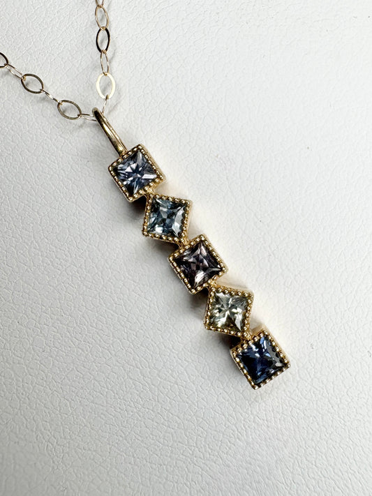 Natural Multi-Color Princess Cut Sapphire Bar Pendant Necklace in 9k Gold 18"