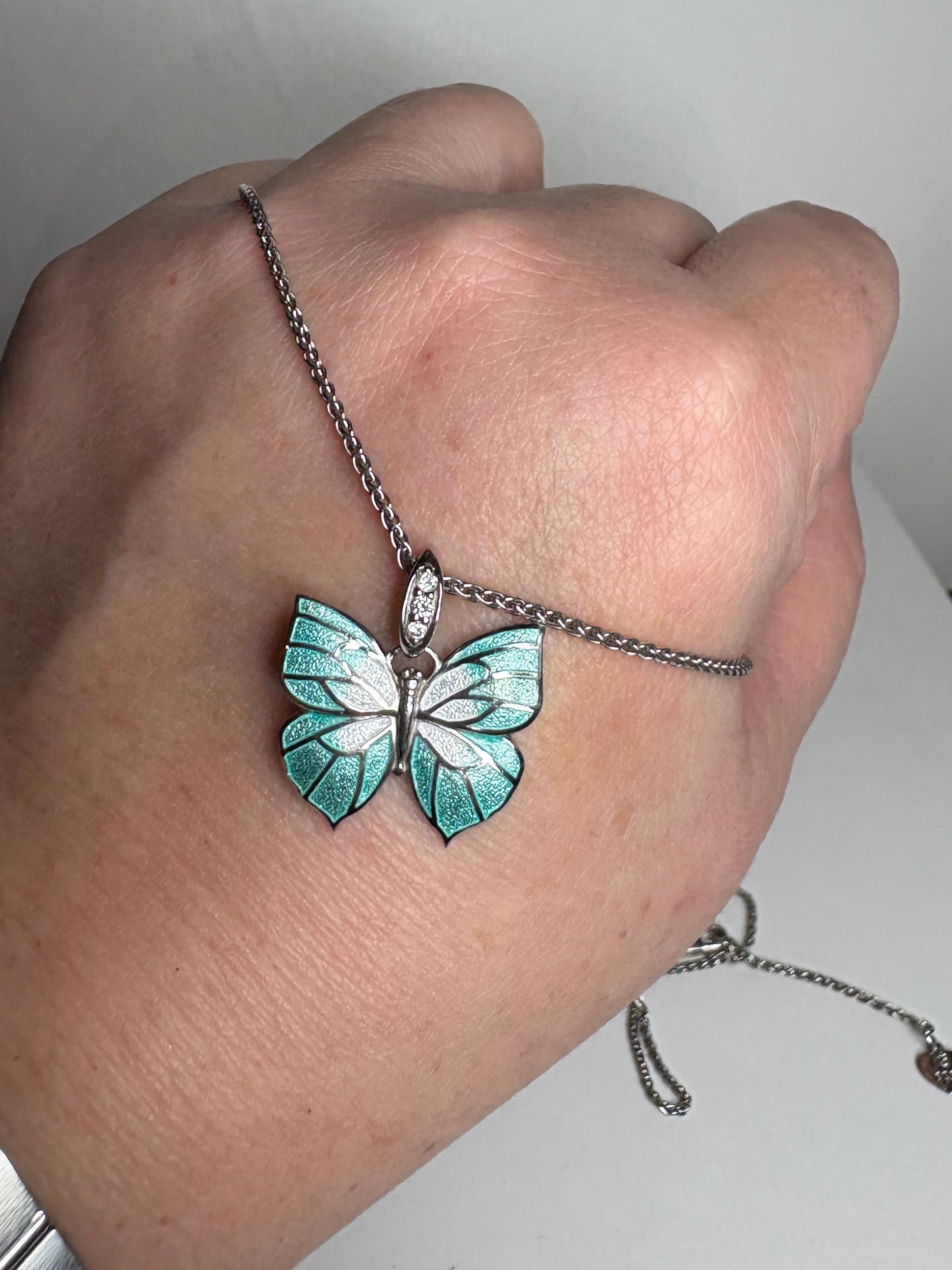 Nicole Barr Enameled Aqua Butterfly and Diamond Pendant Necklace in Adjustable Sterling Silver