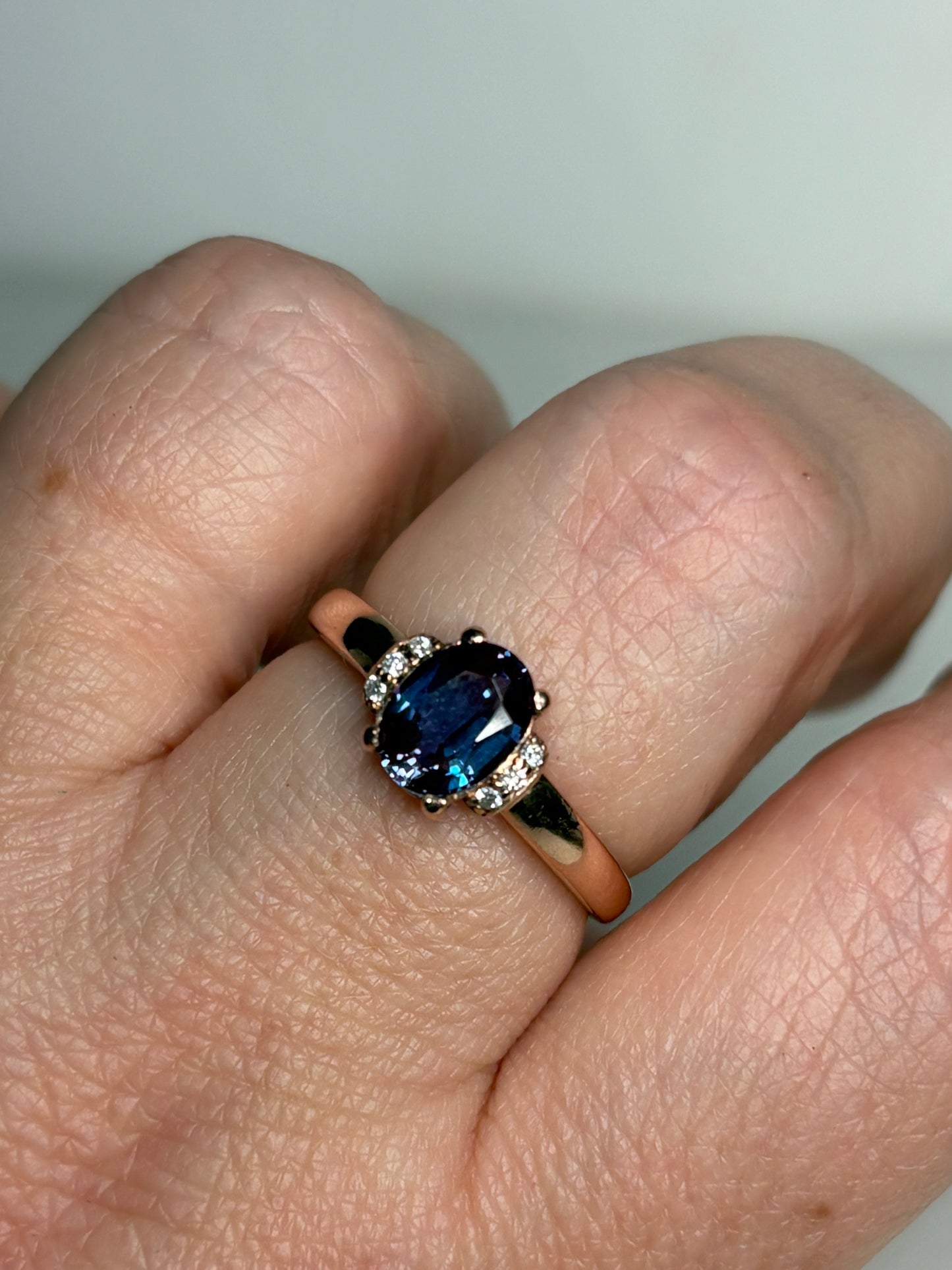 Russian Lab Grown Alexandrite Chrysoberyl and Diamond Ring Solid 10k Rose Gold size 8.75