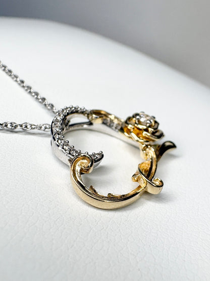Disney Enchanted Belle Diamond and White Sapphire Rose Heart Pendant Necklace 14k and Sterling silver 18"