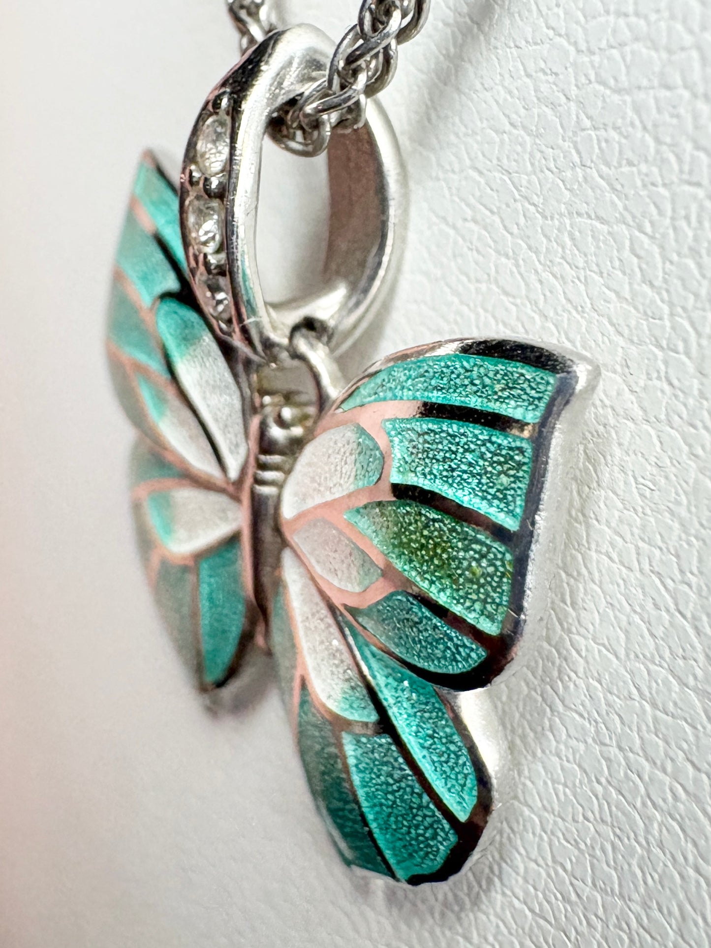Nicole Barr Enameled Aqua Butterfly and Diamond Pendant Necklace in Adjustable Sterling Silver