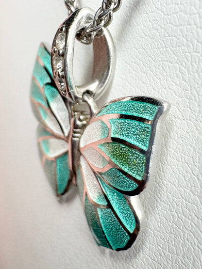 Nicole Barr Enameled Aqua Butterfly and Diamond Pendant Necklace in Adjustable Sterling Silver