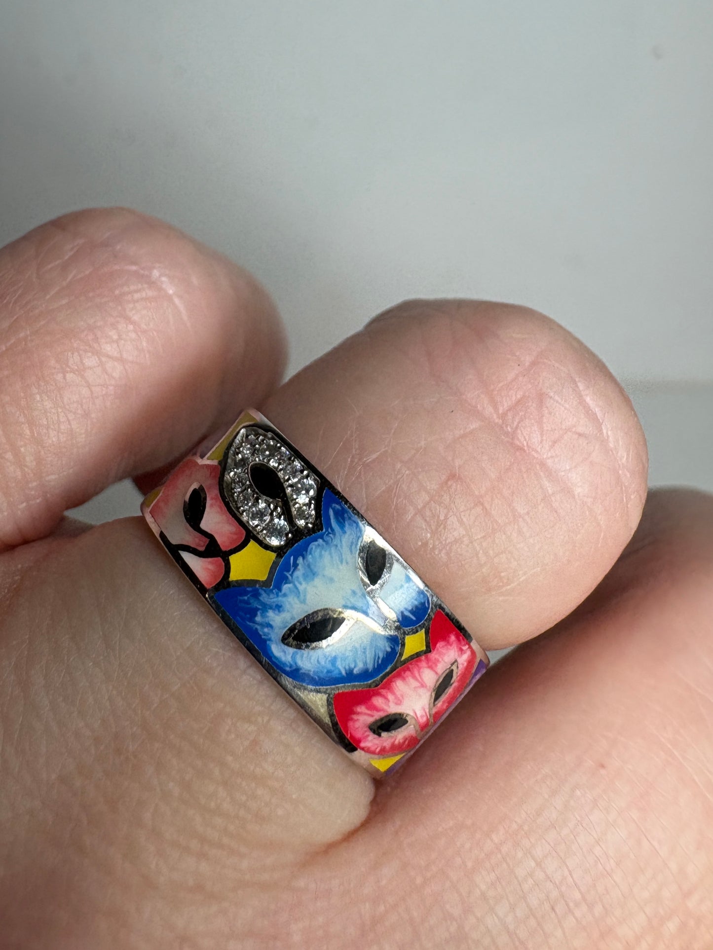 Colorful Enamel Cat Ring with Crystals in Sterling Silver Wide Band 9mm size 7