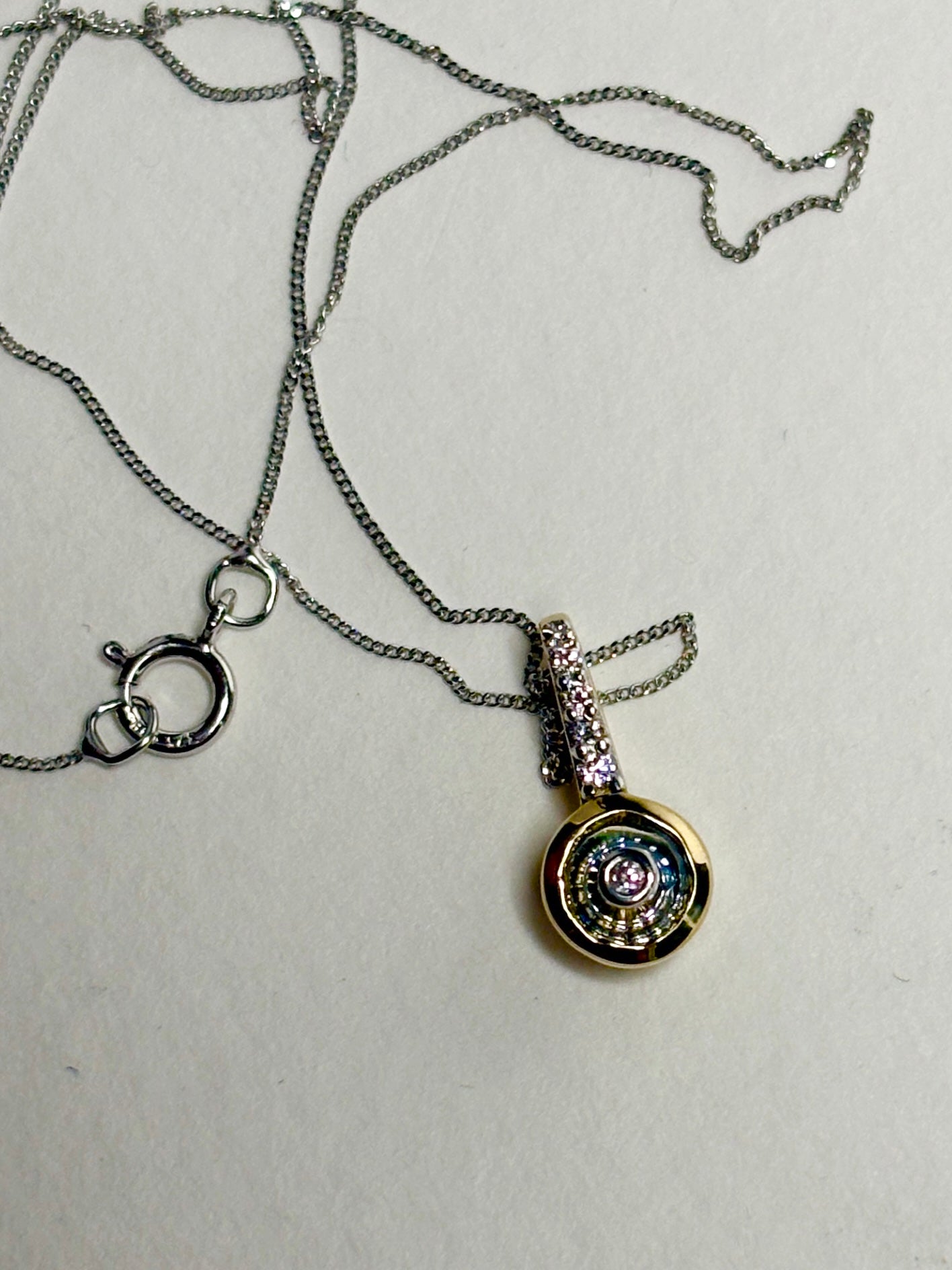 Lehrer Bicolor Montana Sapphire and Diamond Iris Pendant Necklace 2 Tone 9k Gold