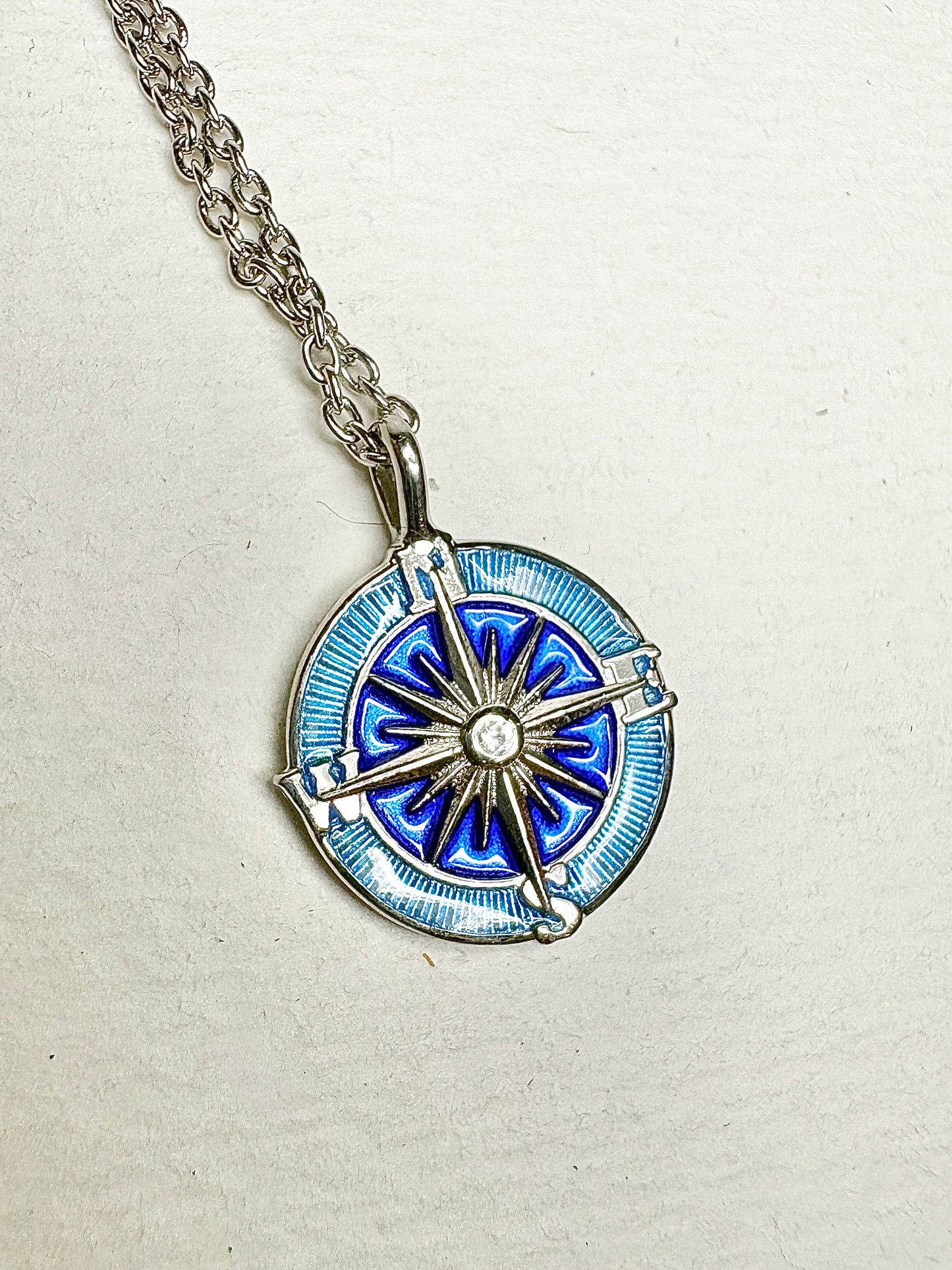 Blue Compass Rose Necklace. Sterling Silver-White Sapphires