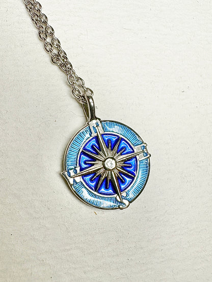 Blue Compass Rose Necklace. Sterling Silver-White Sapphires