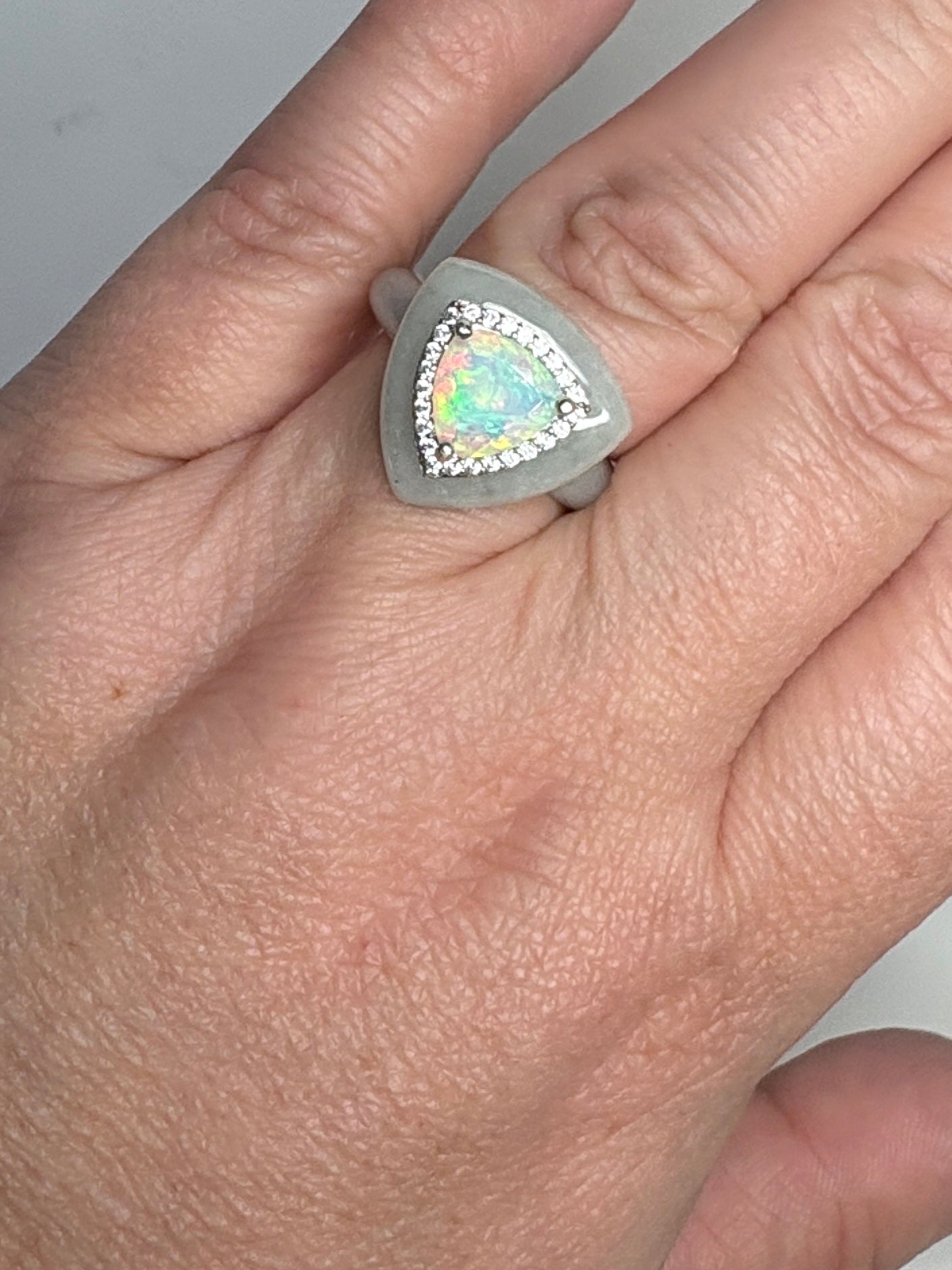 Type A Burmese Jadeite Jade Ethiopian Opal Trillion Halo Ring with Zircon size 7
