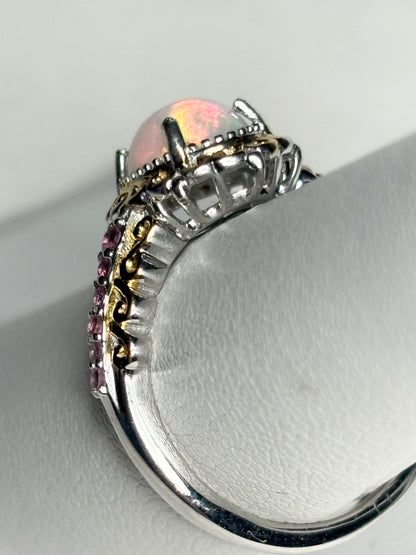 Ethiopian Wello Opal and Pink Tourmaline Ring Sterling Silver Gold Accents size 7