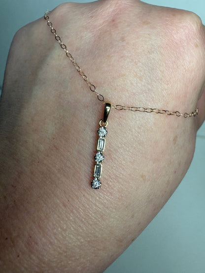 Small Natural Diamond Baguette and Round Bar Pendant Necklace 9k Gold 18"