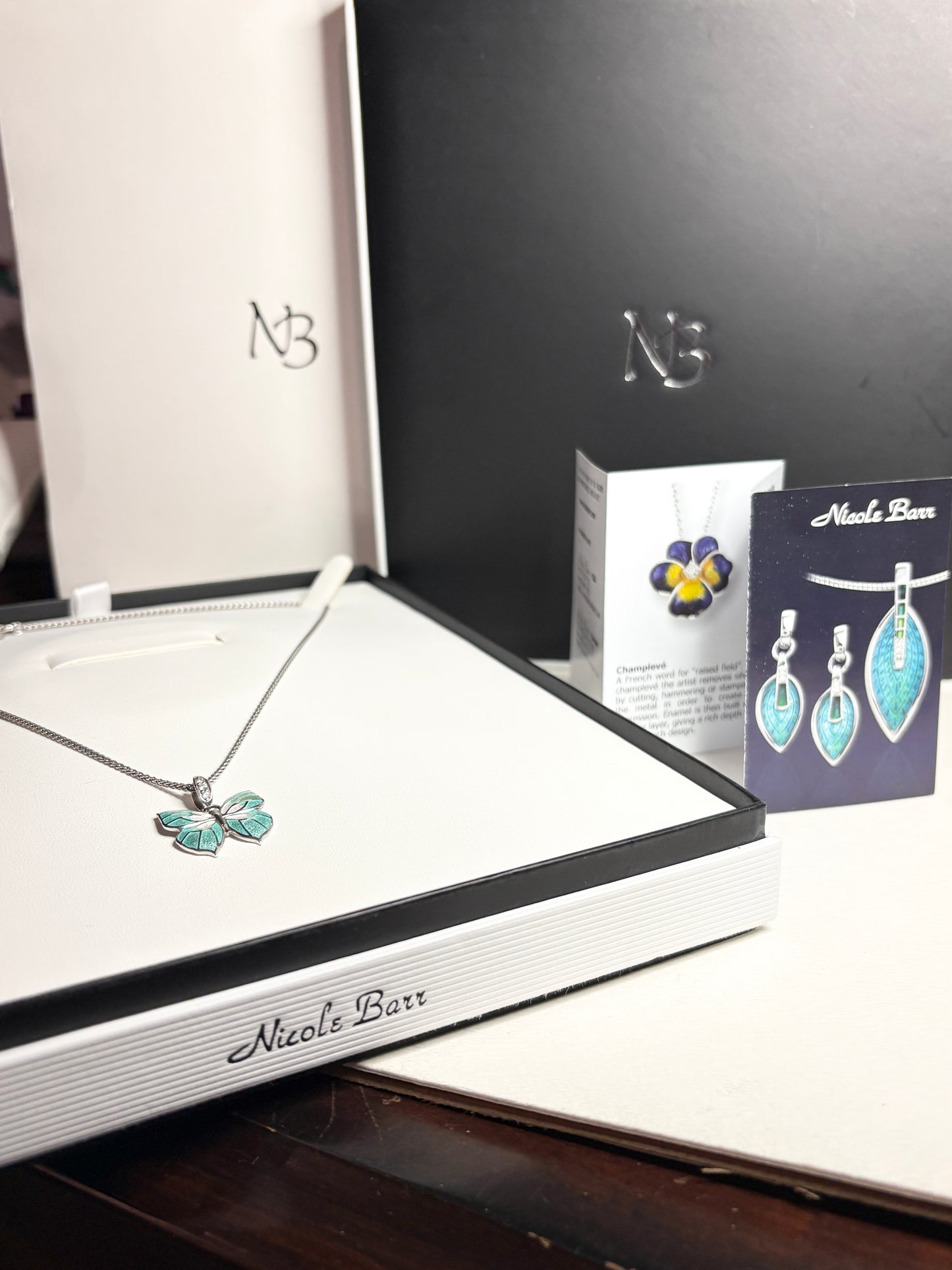 Nicole Barr Enameled Aqua Butterfly and Diamond Pendant Necklace in Adjustable Sterling Silver