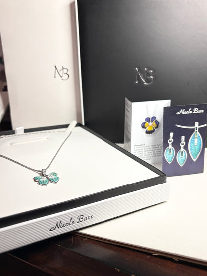 Nicole Barr Enameled Aqua Butterfly and Diamond Pendant Necklace in Adjustable Sterling Silver