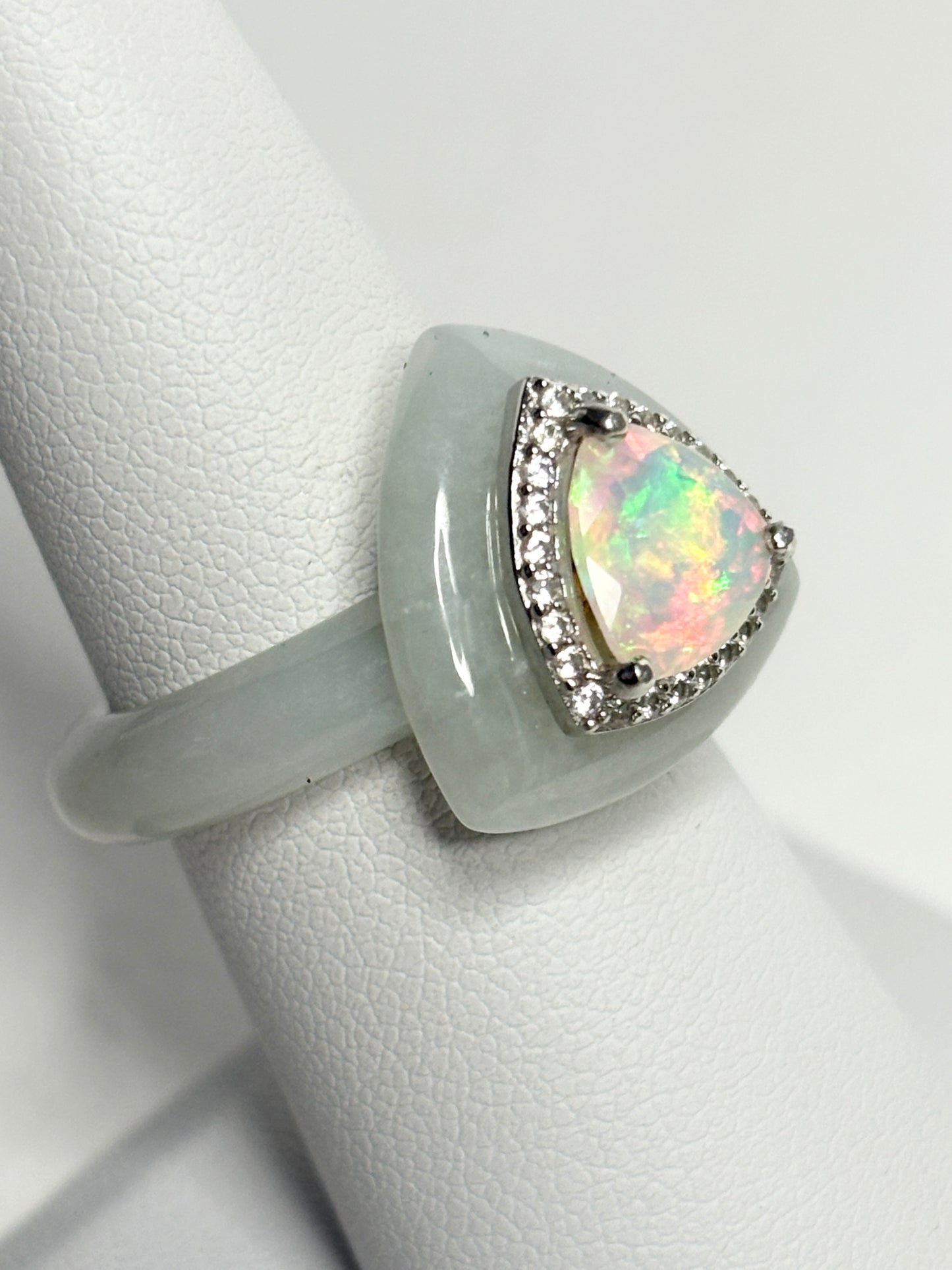 Type A Burmese Jadeite Jade Ethiopian Opal Trillion Halo Ring with Zircon size 7