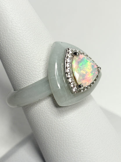 Type A Burmese Jadeite Jade Ethiopian Opal Trillion Halo Ring with Zircon size 7
