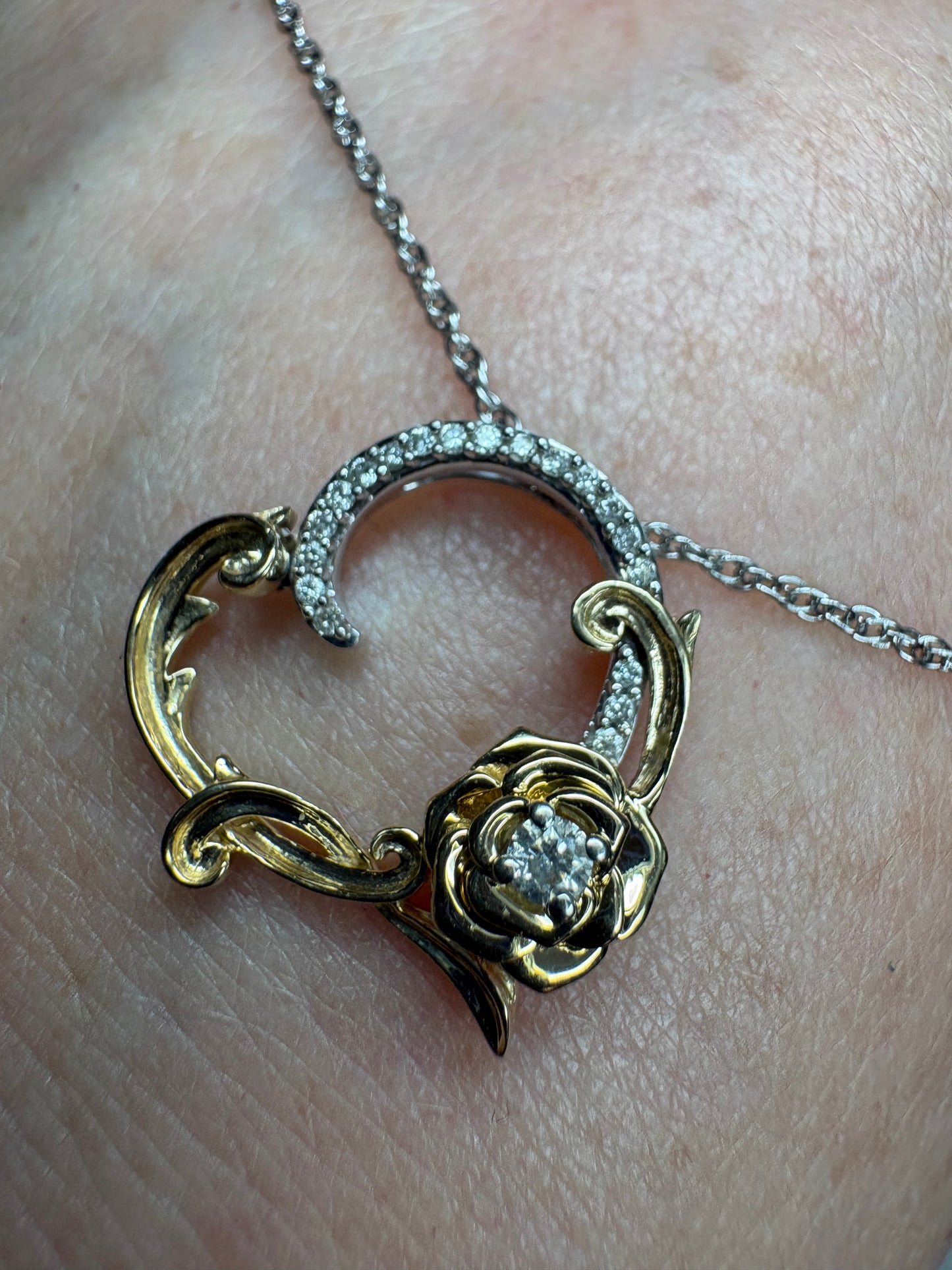 Disney Enchanted Belle Diamond and White Sapphire Rose Heart Pendant Necklace 14k and Sterling silver 18"