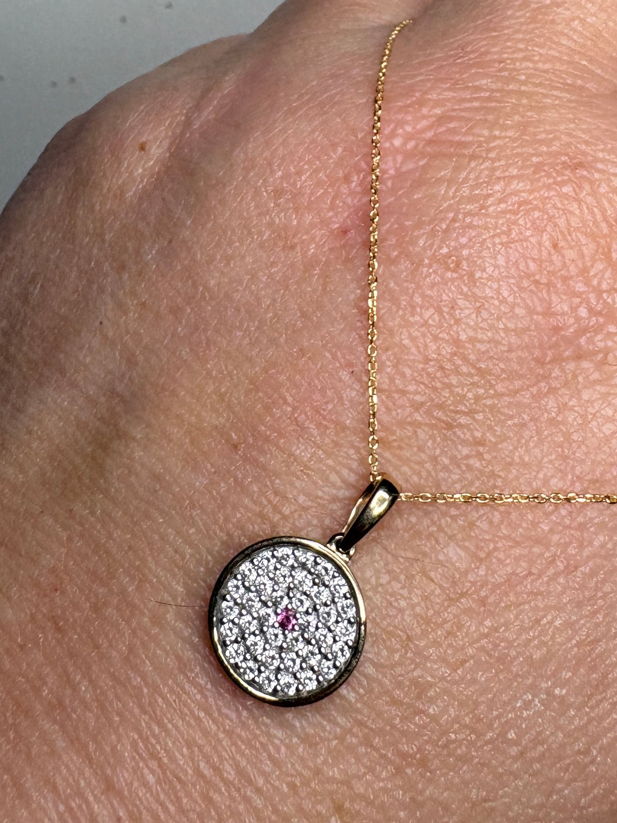Diamond and Pink Sapphire DIsc Pendant Necklace 9k Gold with 10k Gold Chain 18" .37ctw