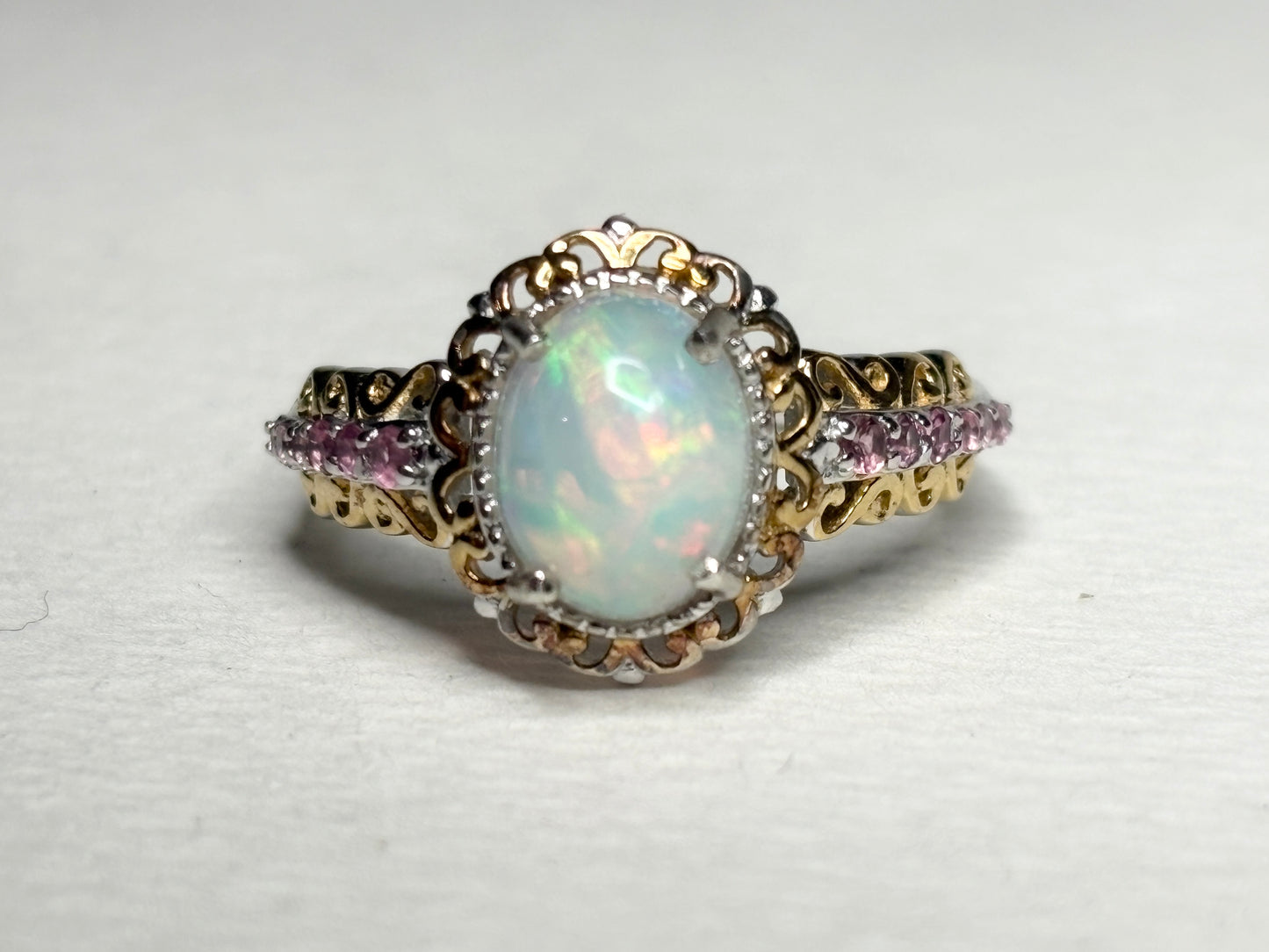 Ethiopian Wello Opal and Pink Tourmaline Ring Sterling Silver Gold Accents size 7