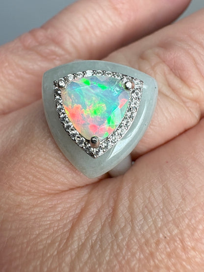 Type A Burmese Jadeite Jade Ethiopian Opal Trillion Halo Ring with Zircon size 7