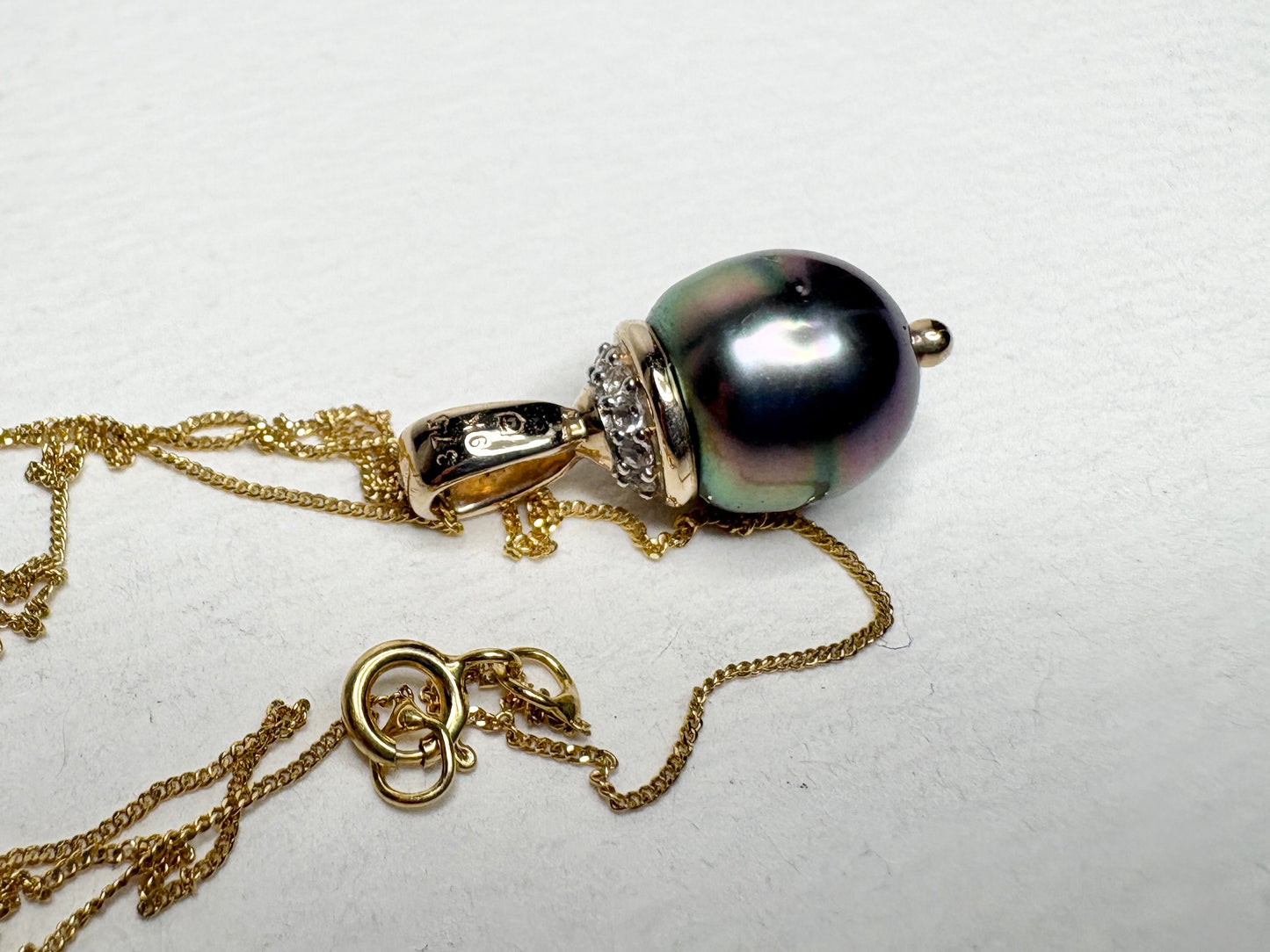 Tahitian Pearl with Zircon Pendant Necklace in Solid 9K Gold 18"