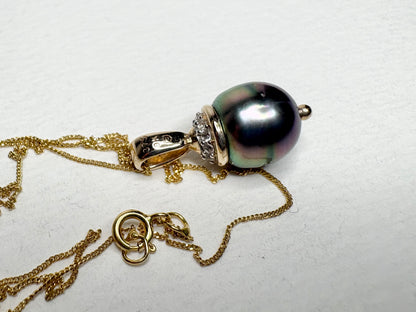 Tahitian Pearl with Zircon Pendant Necklace in Solid 9K Gold 18"