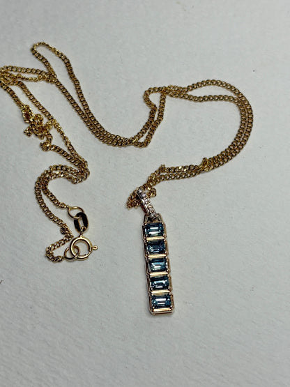 Untreated Montana Bar Sapphire and Diamond Pendant Necklace 9k with 14k Chain 18"