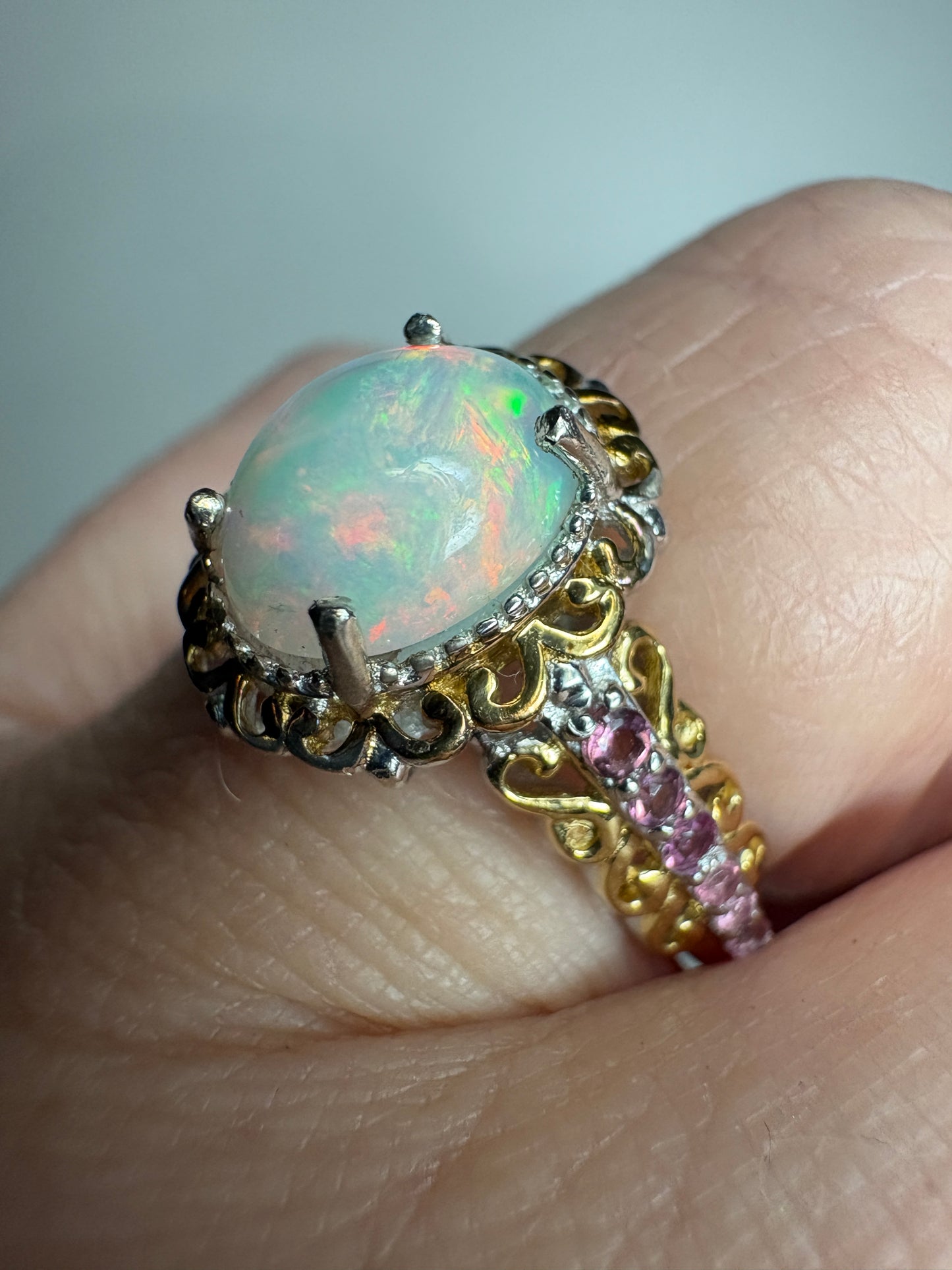 Ethiopian Wello Opal and Pink Tourmaline Ring Sterling Silver Gold Accents size 7