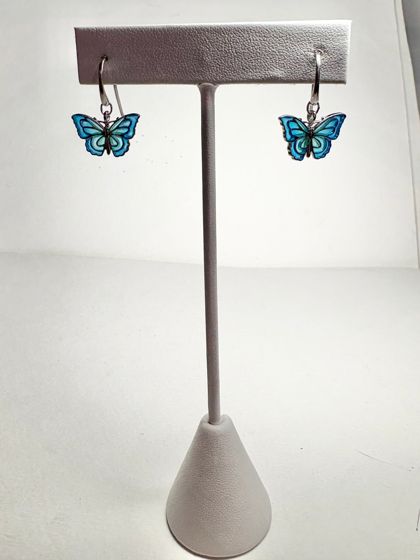 Blue Plique-a-Jour Butterfly Wire Earrings. Sterling Silver