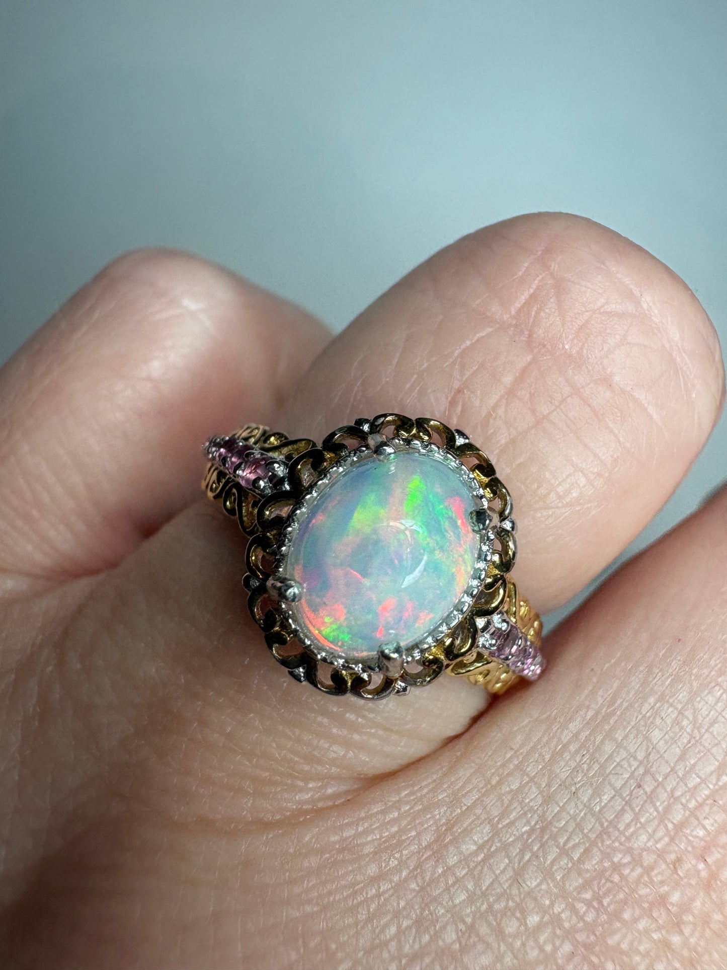 Ethiopian Wello Opal and Pink Tourmaline Ring Sterling Silver Gold Accents size 7