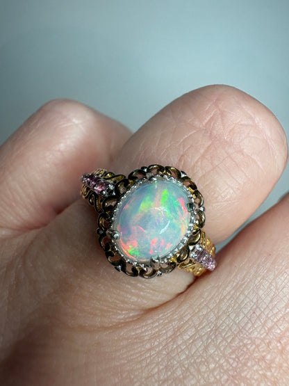 Ethiopian Wello Opal and Pink Tourmaline Ring Sterling Silver Gold Accents size 7