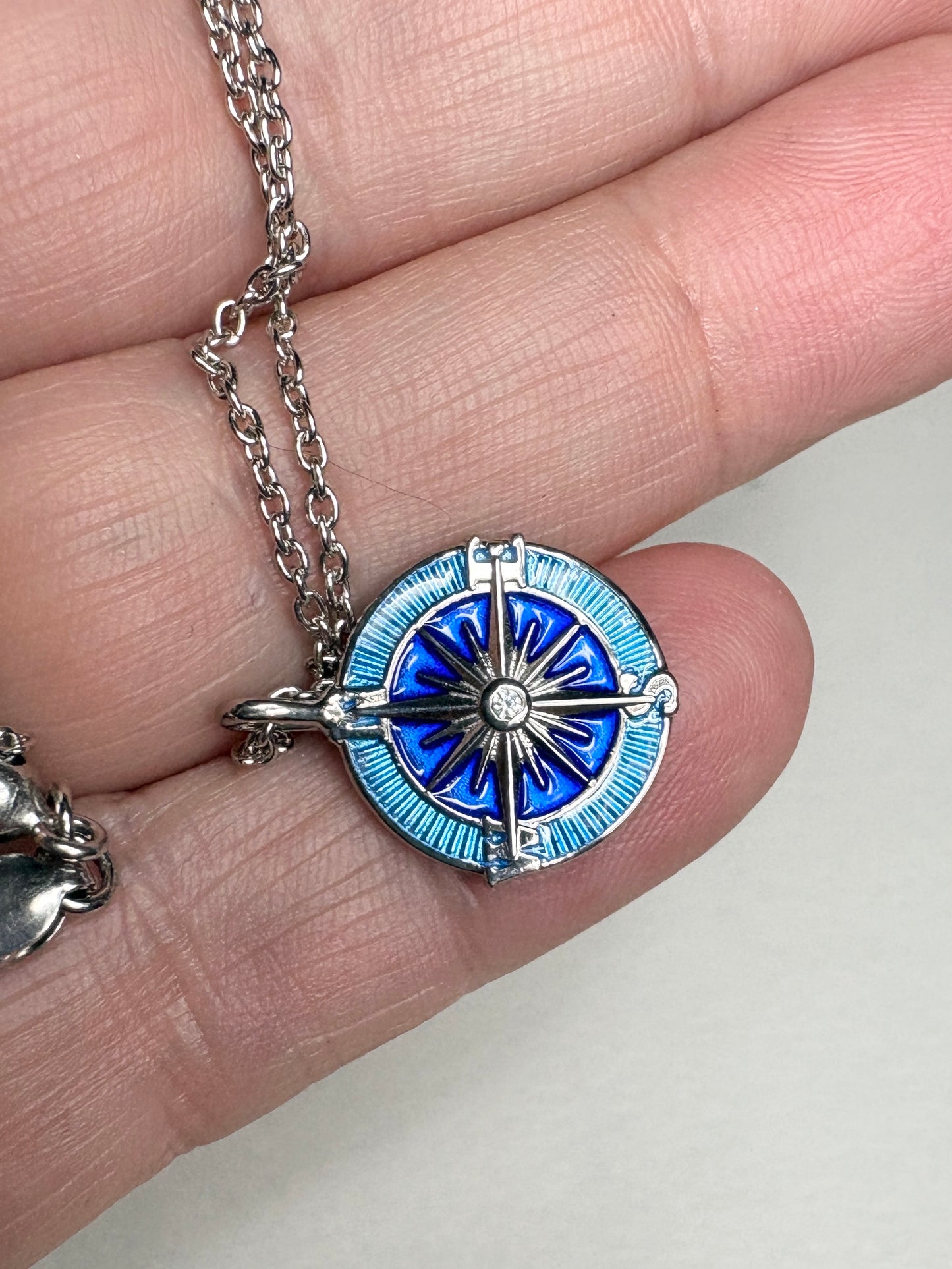 Blue Compass Rose Necklace. Sterling Silver-White Sapphires