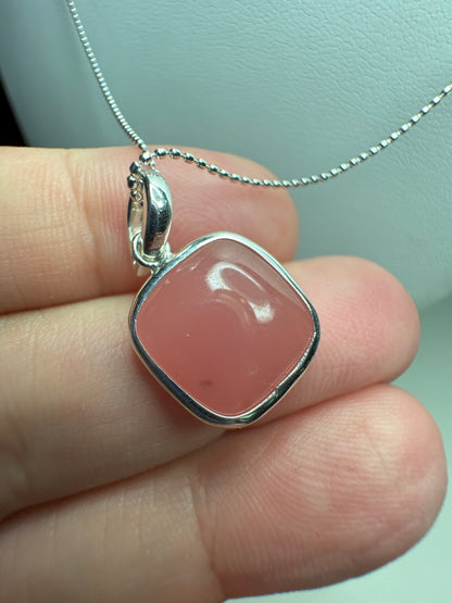 Natural Coral Chalcedony Bezel Pendant Necklace Sterling Silver 18"