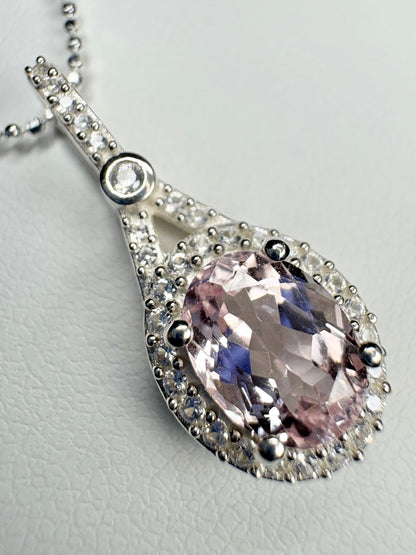 Kunzite and Zircon Halo Drop Pendant Necklace in Sterling Silver 18"