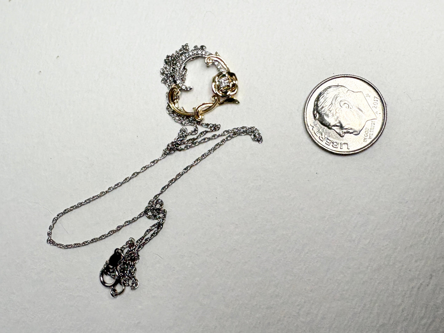 Disney Enchanted Belle Diamond and White Sapphire Rose Heart Pendant Necklace 14k and Sterling silver 18"