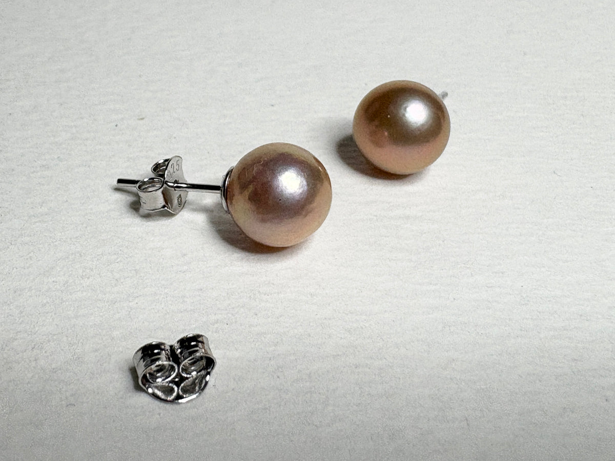 Pink Peach Naturally Colored Cultured Freshwater Pearl Stud Earrings in Sterling Silver 8.5mm