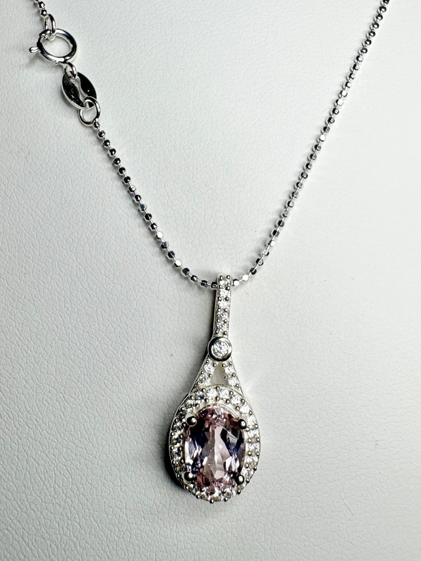 Kunzite and Zircon Halo Drop Pendant Necklace in Sterling Silver 18"