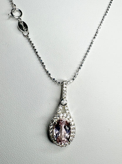 Kunzite and Zircon Halo Drop Pendant Necklace in Sterling Silver 18"