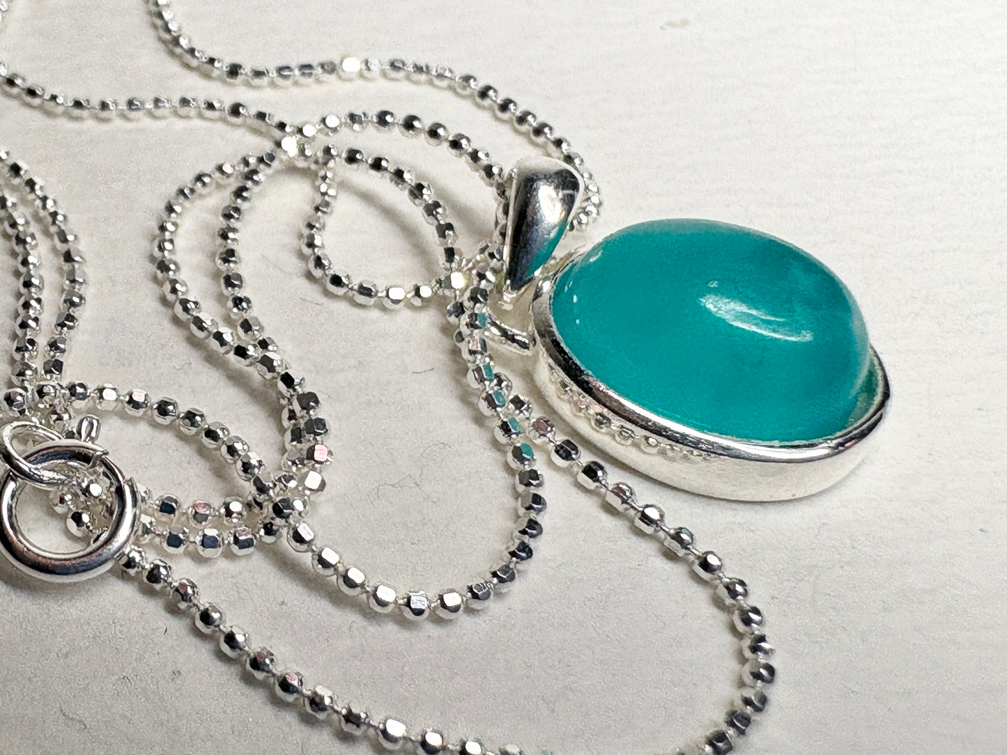 Peruvian Untreated Amazonite Pendant Necklace Sterling Silver Beaded Chain 18"