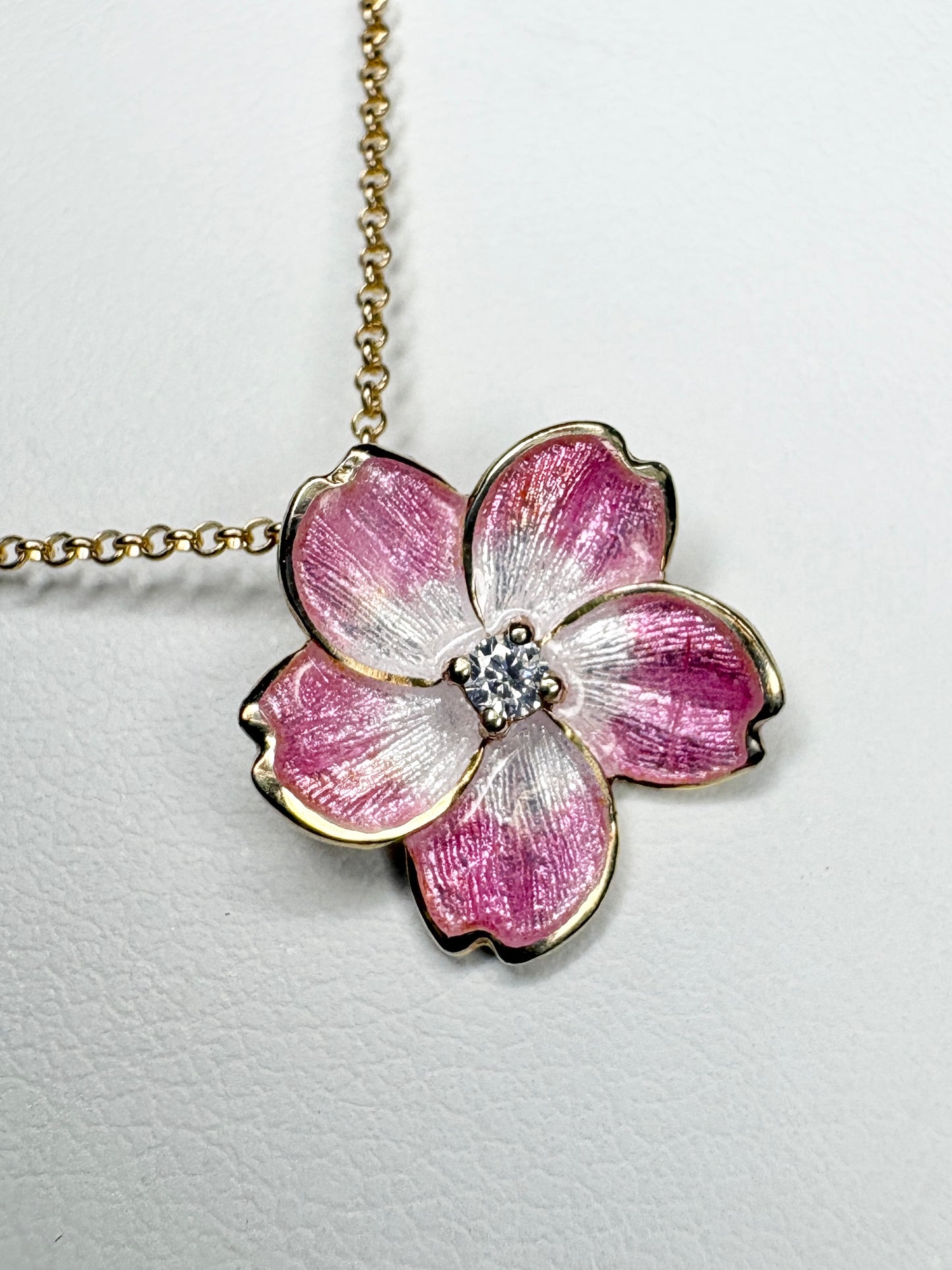 Silver.Gold Plated Pink Cherry Blossom Pendant. Gold-Diamond