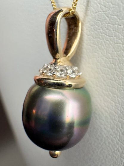 Tahitian Pearl with Zircon Pendant Necklace in Solid 9K Gold 18"