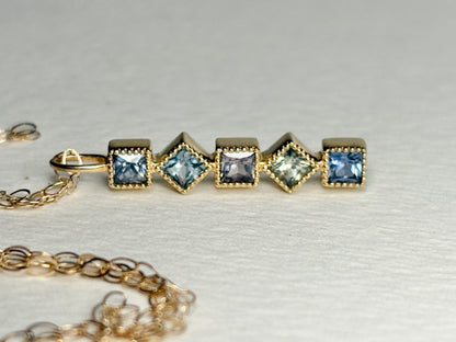 Natural Multi-Color Princess Cut Sapphire Bar Pendant Necklace in 9k Gold 18"