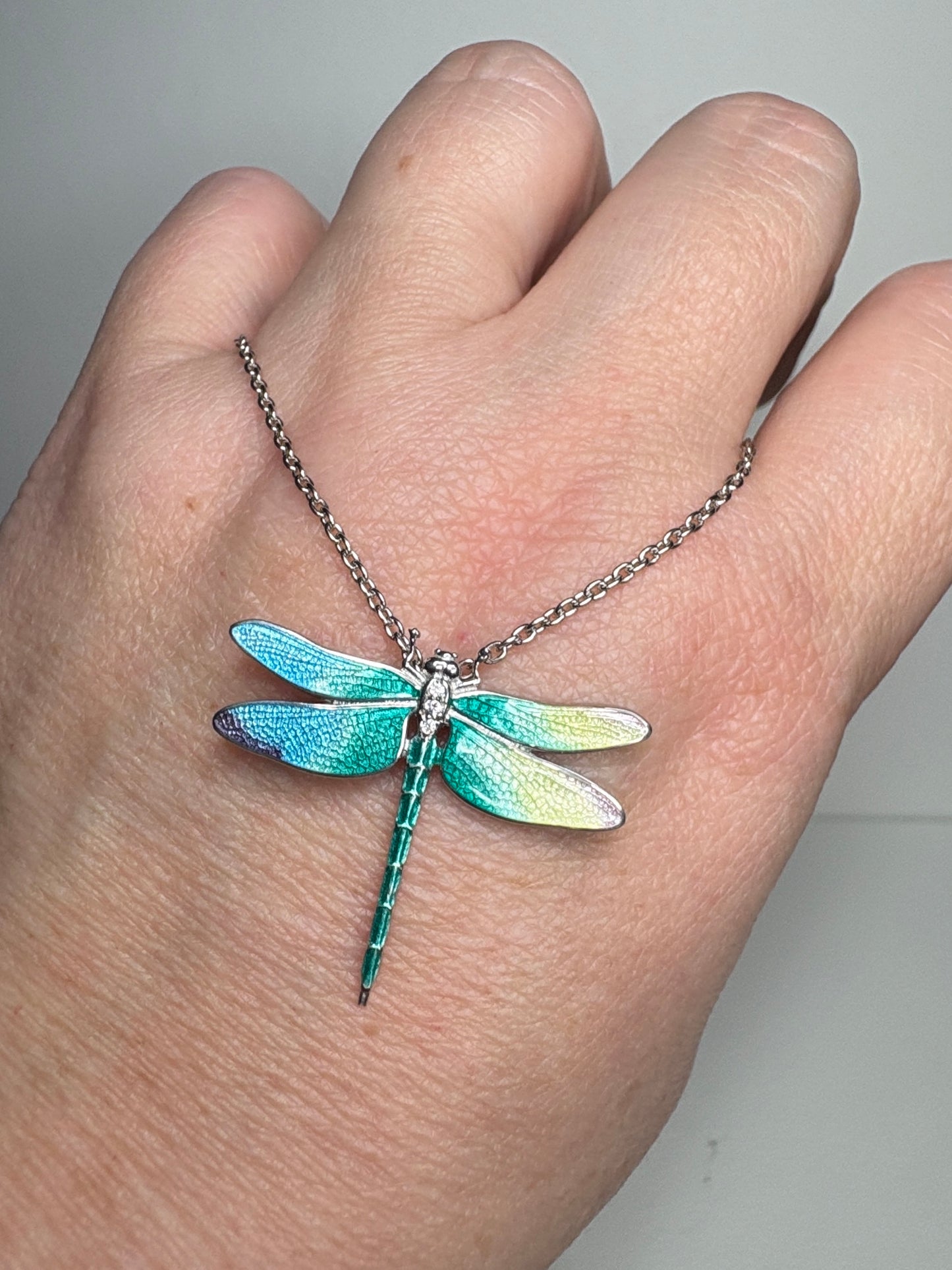 30mm Rainbow Dragonfly Necklace. Sterfling Silver-White Sapphires