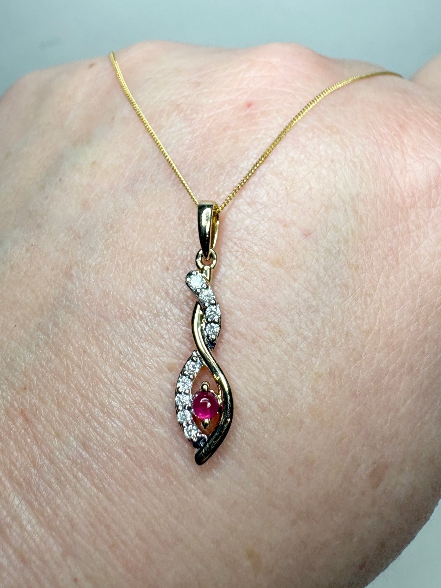 Greenland Ruby and Canadian Diavik Diamond Pendant Necklace Solid 9k Gold 18"