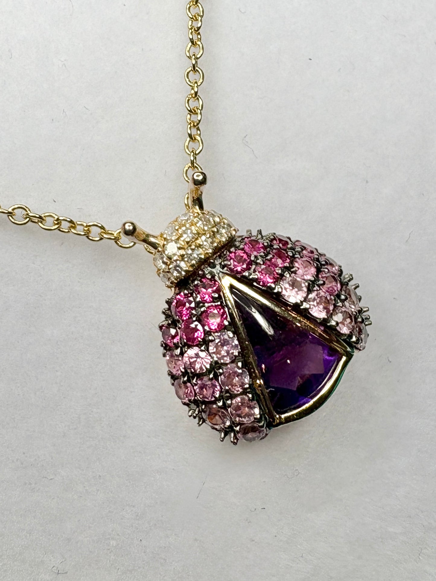 Effy Ladybug Amethyst Diamond Ruby and Pink Sapphire Pendant Necklace Adjustable 18" Solid 14k