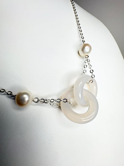 Linked Chalcedony and Cultured Freshwater Pearl Sterling Silver Necklace 19"