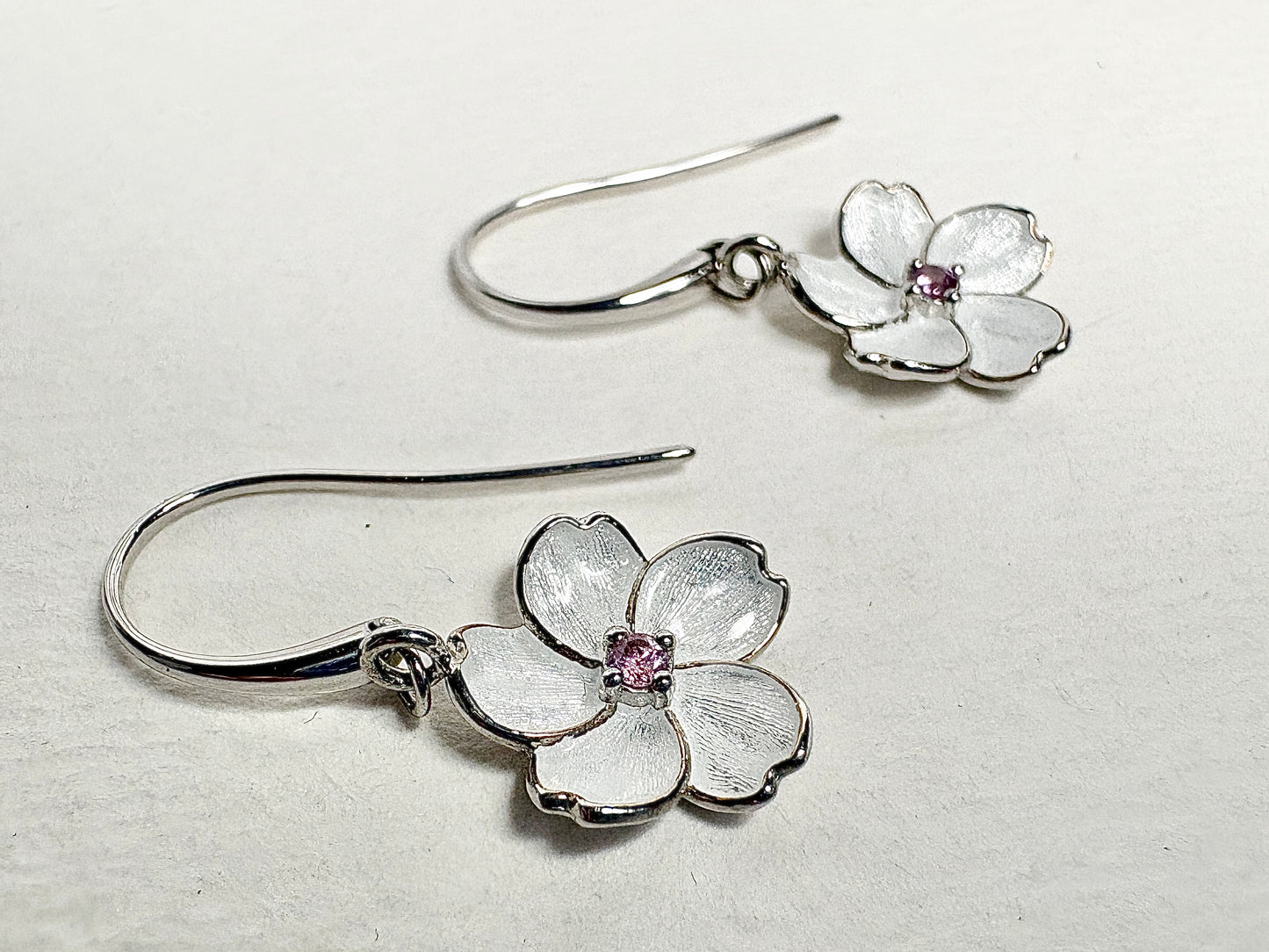 White Cherry Blossom Wire Earrings. Sterling Silver-Pink Sapphire