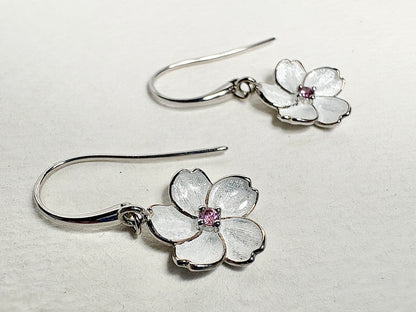 White Cherry Blossom Wire Earrings. Sterling Silver-Pink Sapphire