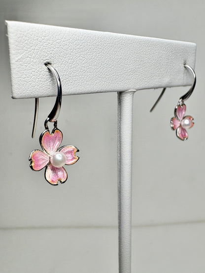 Pink Dogwood Wire Earrings-Akoya Pearls. Sterling Silver