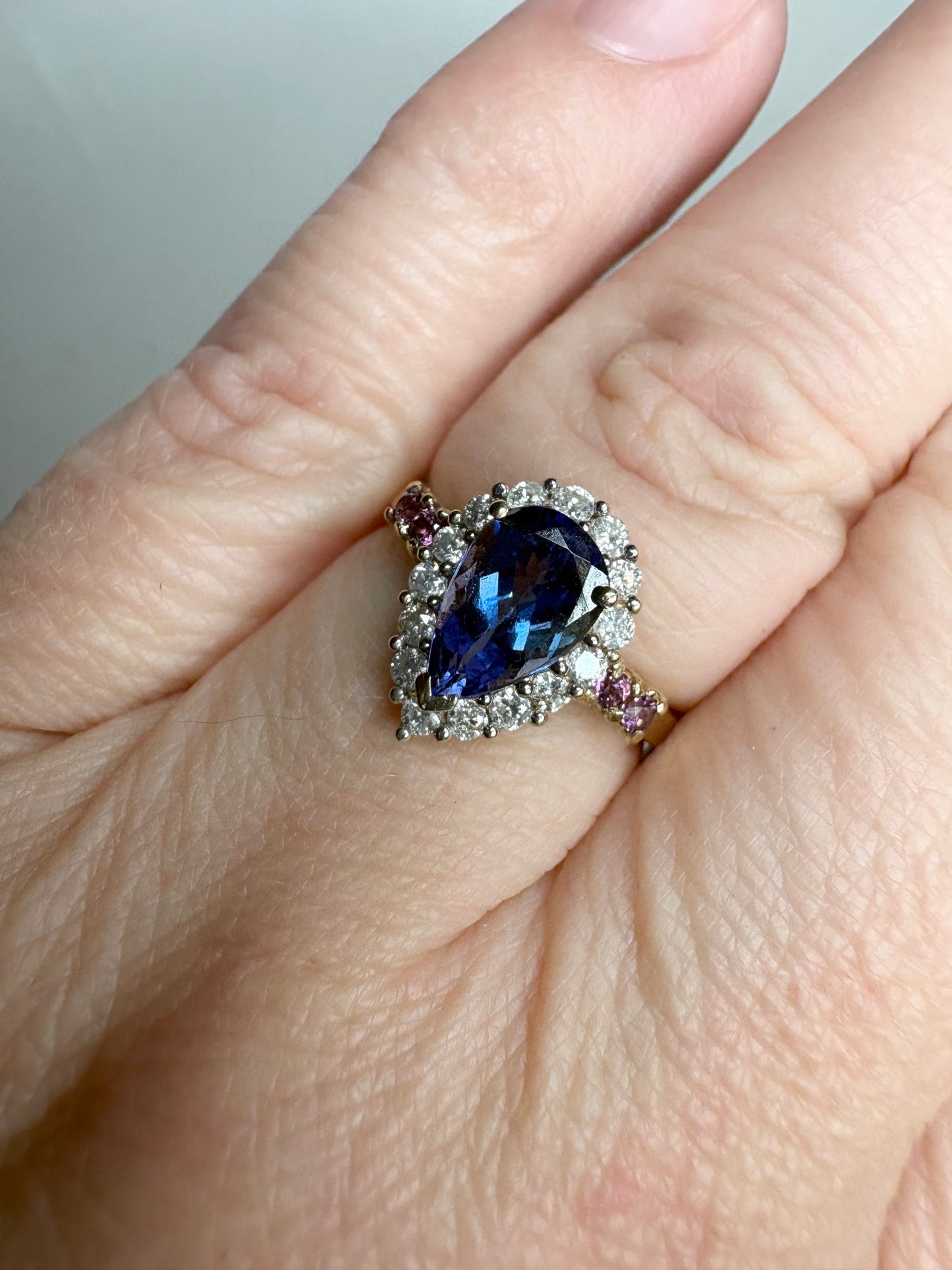 Natural Pear Tanzanite and Diamond Halo Ring Solid 14k Gold Ring size 6.25 - New Life Jewelry